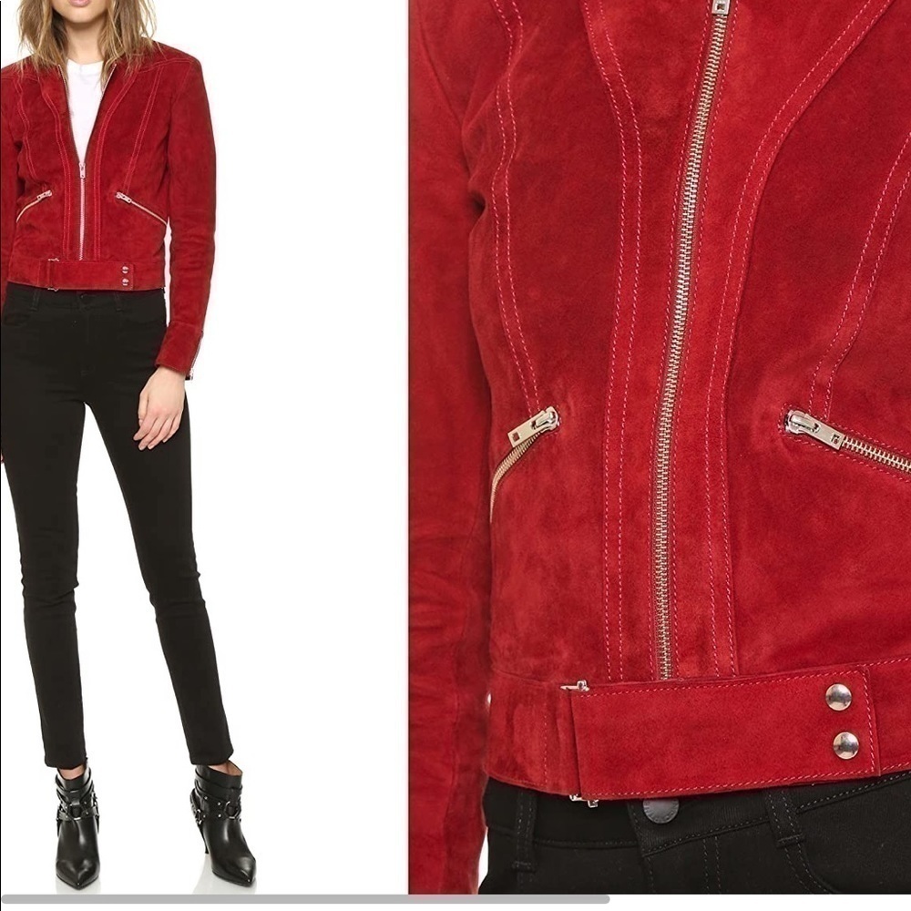 IRO Tatiana Red Suede Leather Jacket Silver Zippers Buckle Belt Fall Size 8 (40) - Picture 4 of 13